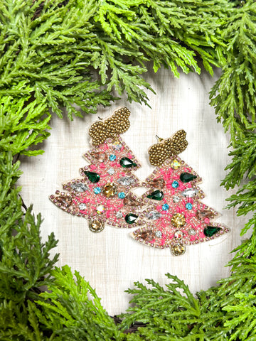 Pink Tree Beaded Earrings