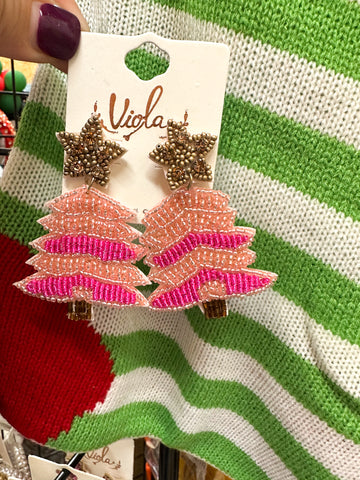 Pink Tree Beaded Earrings