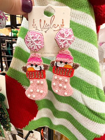 Snowman in Stocking  Beaded Earrings