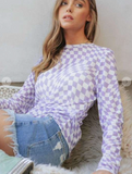 Lavender Haze Checkered Mesh Long Sleeve Top