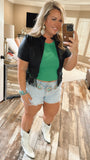 Faux Leather Fringe Zip-Up Top