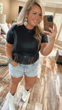 Faux Leather Fringe Zip-Up Top