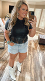 Faux Leather Fringe Zip-Up Top