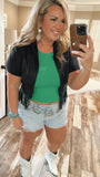 Faux Leather Fringe Zip-Up Top