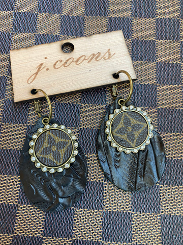 Black leather w/flower logo earrings