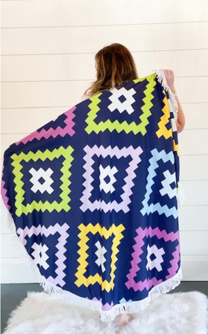 Round Beach Towel-Navy Tribal