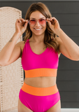 Kissed By The Sun Bikini Swim Top- Hot Pink & Orange