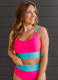 Catching Waves Bikini Swim Top- Bright Pink & Blue