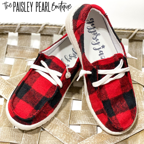 Holly Boat Shoes-Black & Red Buffalo Plaid